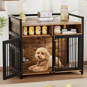 IDEALHOUSE Dog Crate Furniture, 48 Inch Dog Cage with 2 Open Storage Shelves, Wooden Dog Kennel with Adjustable Raised Feeders, Indoor Heavy Duty Metal End Table Dog Crate for Large Medium Dogs
