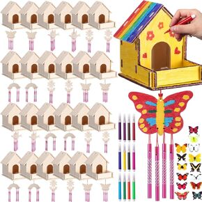 Feifeiya 24 مجموعات DIY Birdhouse Rind Chime Kit Build and Paint Birdhouses الفنون الخشبية 24 منزل الطيور الخشبي غير المكتم