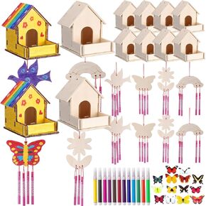 Feifeiya 12 مجموعات DIY Bird House Rind Chime Ther Build و Park 12 Neffeld Bird Bird House 12 Wind Chime 19 Butterfly Sticker 12 Watercolor Pen Arts and Marks for Activity (Modern)