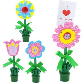 4E's Novelty DIY Flower Pot Craft Kit - 4 Pack Wood & Foam Spring Crafts for Kids ، حامل بطاقة يوم الأم ، وصفة أو حامل صور DIY DIY Day Homes من أنشطة الأطفال المنزلية
