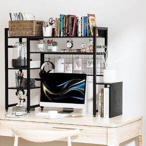 NISORPA Desk Shelf Computer سطح المكتب خزانة المكتب متعدد الأغراض Wood Desk Hutch Whutch Candshelf للكمبيوتر 4 منظم مكتب الطبقة للمكتب GRACK RACK RACK ، الأسود