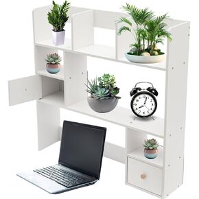 Desk Hutch, Desktop Hutch with 8 Shelves & 4 Drawers, Vanity Desk with Hutch Top Only, Extendable Small Desk Shelf for Top of Desk, Desktop Bookcase Bookshelf for Home Office