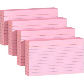 Pink Index Cards 3x5 Inch - 208 Pack, Ruled Index Flash Cards for Studying, Lined Index Note Cards 3" x 5", Pink Flashcards 3x5 Notecards 4 Pack of 52