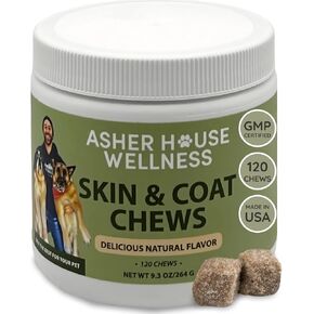 Asher House Wellness Skin & Coat Phems - حكة الكلب في حكة الجلد مع أوميغا 3 ، 6 ، 9 ، زيت السمك ، الكلاب - الكلاب حكة مخلب لعق مضغ ، ملحق الجفاف الجاف - 120 مضغ ناعم