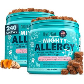 Mighty Paw Whaggables الحساسية المناعية + حكة (مصنوعة في الولايات المتحدة الأمريكية) 2 حزمة -مضغ مضاد للكلاب. تدعم الحساسية الفيتامينات لحساسية الجلد ومعطف. أوميغا 3 & Quercetin للحيوانات الأليفة 240 CT