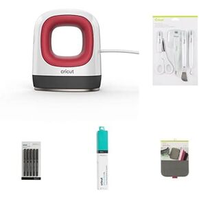 Cricut Easypress Mini Heat Press - Raspberry ، تشمل مجموعة أدوات من 5 قطع ، حصيرة الضغط الحرارية ، أوراق نقل الحبر غير المقيدة - Teal ، أقلام الحبر غير المقيدة (5CT)
