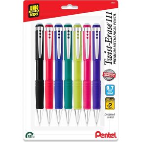 Pentel Twist Erase III أقلام الرصاص الميكانيكية 0.7 مم - Super Hi Polymer HB Lead - 7 Pack - براميل ملونة متنوعة