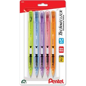 Pentel Techniclick 0.7 مم قلم رصاص ميكانيكي-حزمة من 5 ، وكتابة سلسة القلم الرصاص للطلاب والمهنيين ، والخط المتوسط ​​، والنقرة الجانبية تقدم ، وألوان برميل باستيل متنوعة (PD107TBP5M)