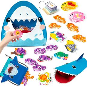 B1ykin Shark Alphabet Learning Toy, 105Pcs Shark Theme Letter Recognition Matching Game, Montessori ABC Learning Toys with Hand Puppet, for Kids Preschool Toddler Education Boys Girls