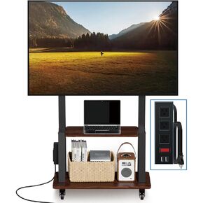 Mobile TV Stand with Power Outlet, Portable TV Stand on Wheels for 32 to 55 65 70 75 inch Television, Hight Adjustable White TV Cart, Holds up to 130LBS, Vesa 600×400mm.