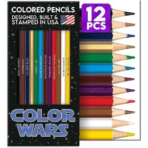 Punlabs Color Wars مجموعة قلم رصاص ملونة وصفحات تلوين للجماهير-12 أقلام محاكاة ساخرة مستوحاة من حرب النجوم بأسماء ذكية ختمها-5 صفحات تلوين ذات طابع حروب الألوان