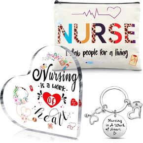 Yinkin 3 PCS Nurse Week Gift 2025 تقدير التمريض ، تشمل هدايا CNA سلسلة مفاتيح أكياس الماكياج وتذوق لوزن القلب الأكريليك لتخرج الممرضات نساء
