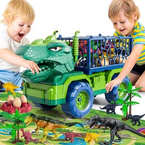 Dinosaur Toys for Kids 3-5,Dinosaur Truck with 8 Dinosaur Figures,Play Mat,Egg,Tree,T-Rex Transport Car Carrier Birthday Gifts Toys for 3 4 5+ Year Old Boy