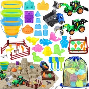 Beach Toys, 45Pcs Farm Playset, Collapsible Sand Toys with Sand Buckets and Tractor Toy Set, Sand Castle Building Kit, Farm Toys, Animal Toys, Mesh Bag, Travel Beach Toys for Kids Ages 4-8