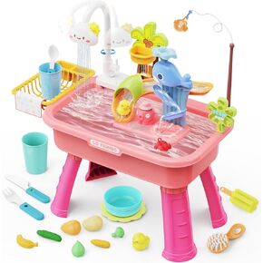 Water Table for Toddlers 1-3, Water Table for Kids Ages 4-8 with Pump, Play Sink with Running Water, Kitchen Sink for Toddlers, Fishing Game and Outside Sensory Toys, Blue