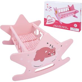 Wooden Baby Doll Crib Set, Pink Baby Doll Bed Toys, Rocking Baby Doll Cradle Accessories, Play Cradle for Dolls, Doll Furniture Accessories,Gift for Boys Girls Kids, Ages 3+