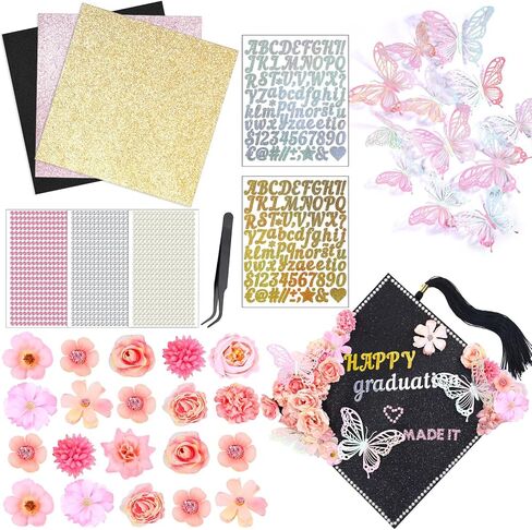 Graduation Cap Decorating Kit DIY Grad Cap Topper Crafts Glitter Cardstock Assorted Artificial Flowers Butterflies Rhinestones Alphabet Stickers Graduation Party Supplies (Blue) in Kuwait