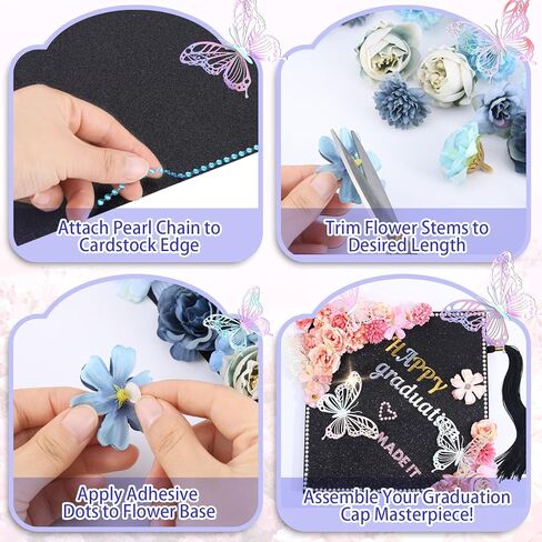 Graduation Cap Decorating Kit DIY Grad Cap Topper Crafts Glitter Cardstock Assorted Artificial Flowers Butterflies Rhinestones Alphabet Stickers Graduation Party Supplies (Blue) in Kuwait