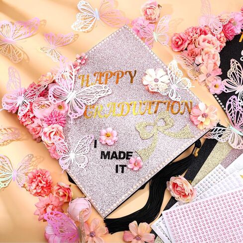 Graduation Cap Decorating Kit DIY Grad Cap Topper Crafts Glitter Cardstock Assorted Artificial Flowers Butterflies Rhinestones Alphabet Stickers Graduation Party Supplies (Blue) in Kuwait