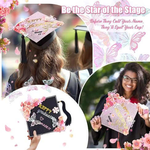 Graduation Cap Decorating Kit DIY Grad Cap Topper Crafts Glitter Cardstock Assorted Artificial Flowers Butterflies Rhinestones Alphabet Stickers Graduation Party Supplies (Blue) in Kuwait