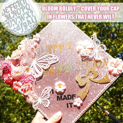 Graduation Cap Decorating Kit DIY Grad Cap Topper Crafts Glitter Cardstock Assorted Artificial Flowers Butterflies Rhinestones Alphabet Stickers Graduation Party Supplies (Blue) in Kuwait