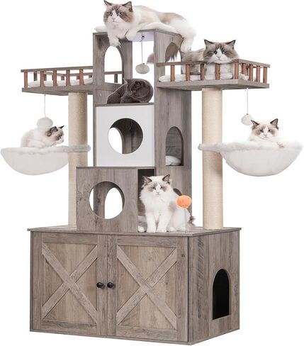 Heybly Cat Tree with Litter Box Enclosure for Indoor Big Cat, Cat Tower for Large Cats 20 lbs Heavy Duty, Modern Cat Condo Furniture with Scratching Posts, Rustic Gray HCT110SG in Kuwait