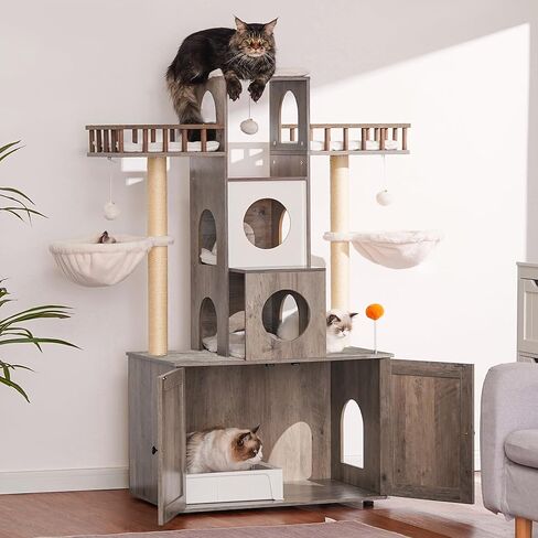 Heybly Cat Tree with Litter Box Enclosure for Indoor Big Cat, Cat Tower for Large Cats 20 lbs Heavy Duty, Modern Cat Condo Furniture with Scratching Posts, Rustic Gray HCT110SG in Kuwait