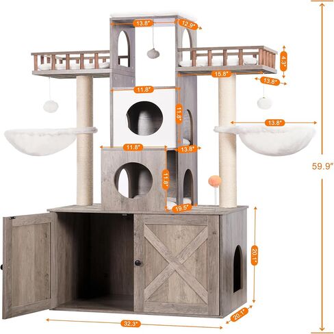 Heybly Cat Tree with Litter Box Enclosure for Indoor Big Cat, Cat Tower for Large Cats 20 lbs Heavy Duty, Modern Cat Condo Furniture with Scratching Posts, Rustic Gray HCT110SG in Kuwait