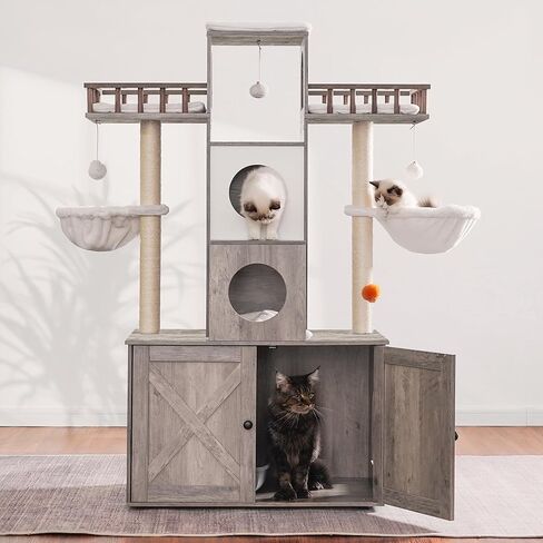 Heybly Cat Tree with Litter Box Enclosure for Indoor Big Cat, Cat Tower for Large Cats 20 lbs Heavy Duty, Modern Cat Condo Furniture with Scratching Posts, Rustic Gray HCT110SG in Kuwait