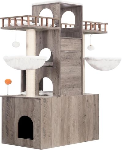 Heybly Cat Tree with Litter Box Enclosure for Indoor Big Cat, Cat Tower for Large Cats 20 lbs Heavy Duty, Modern Cat Condo Furniture with Scratching Posts, Rustic Gray HCT110SG in Kuwait