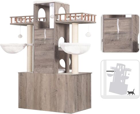 Heybly Cat Tree with Litter Box Enclosure for Indoor Big Cat, Cat Tower for Large Cats 20 lbs Heavy Duty, Modern Cat Condo Furniture with Scratching Posts, Rustic Gray HCT110SG in Kuwait