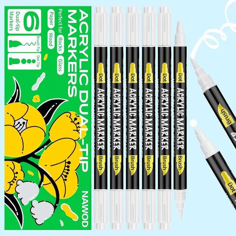 NAWOD 6 White Acrylic Paint Pens, Acrylic Paint Markers Dual Tip (Dot Tip + Brush Tip), Acrylic Permanent Markers for Rock, Fabric, Canvas, Ceramic, Glass, Wood, Paper, Labeling, Drawing, DIY Crafts in Saudi Arabia