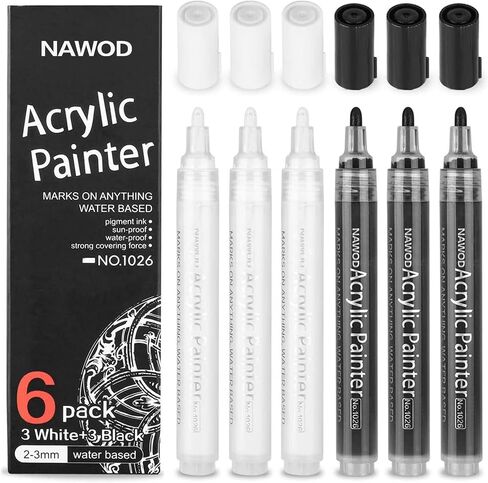 NAWOD 6 White Acrylic Paint Pens, Acrylic Paint Markers Dual Tip (Dot Tip + Brush Tip), Acrylic Permanent Markers for Rock, Fabric, Canvas, Ceramic, Glass, Wood, Paper, Labeling, Drawing, DIY Crafts in Saudi Arabia
