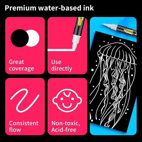 NAWOD 6 White Acrylic Paint Pens, Acrylic Paint Markers Dual Tip (Dot Tip + Brush Tip), Acrylic Permanent Markers for Rock, Fabric, Canvas, Ceramic, Glass, Wood, Paper, Labeling, Drawing, DIY Crafts in Saudi Arabia