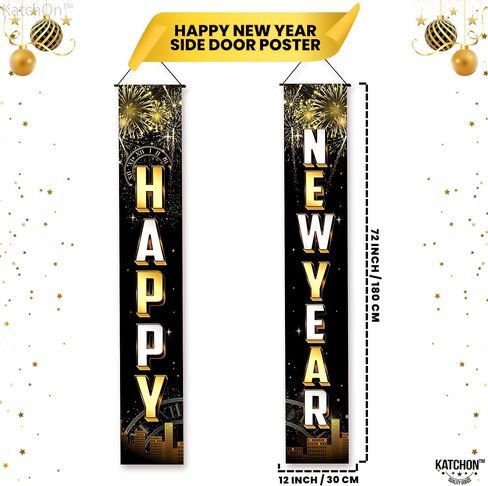 KatchOn, Happy New Year Door Banner - 72x12 Inch | Script Happy New Year Banner, Happy New Years Decorations 2025 | Happy New Year Porch Banner, New Years Eve Banner, New Years Eve Party Supplies 2025 in Saudi Arabia
