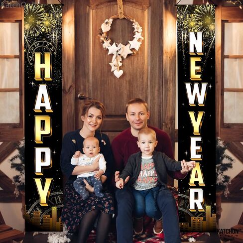 KatchOn, Happy New Year Door Banner - 72x12 Inch | Script Happy New Year Banner, Happy New Years Decorations 2025 | Happy New Year Porch Banner, New Years Eve Banner, New Years Eve Party Supplies 2025 in Saudi Arabia