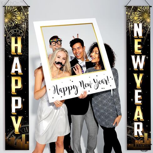 KatchOn, Happy New Year Door Banner - 72x12 Inch | Script Happy New Year Banner, Happy New Years Decorations 2025 | Happy New Year Porch Banner, New Years Eve Banner, New Years Eve Party Supplies 2025 in Saudi Arabia