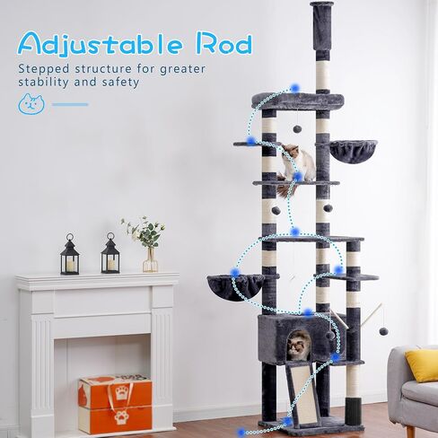 Hey-brother Cat Tree, 98.4-110.2 Inches Floor to Ceiling Cat Tree-Adjustable Height, Tall Cat Climbing Tower for Cats Large Adult with Scratching Post, Cat cando, Smoky Gray 0MPJ091G in Saudi Arabia