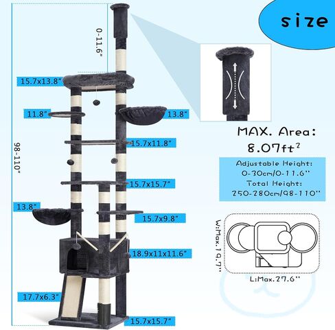 Hey-brother Cat Tree, 98.4-110.2 Inches Floor to Ceiling Cat Tree-Adjustable Height, Tall Cat Climbing Tower for Cats Large Adult with Scratching Post, Cat cando, Smoky Gray 0MPJ091G in Saudi Arabia