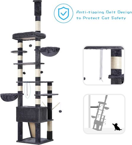 Hey-brother Cat Tree, 98.4-110.2 Inches Floor to Ceiling Cat Tree-Adjustable Height, Tall Cat Climbing Tower for Cats Large Adult with Scratching Post, Cat cando, Smoky Gray 0MPJ091G in Saudi Arabia