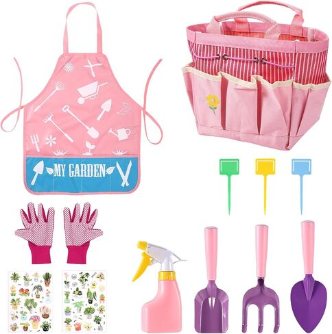 12pcs Gardening Tools Set, Kids Gardening Kit with Fork, Shovel, Rake, Bag, Bottle, Glove, Apron and Watering Can, Toddlers Garden Tools for Children Summer Beach Toys for Boys Girls (Pink) in Saudi Arabia