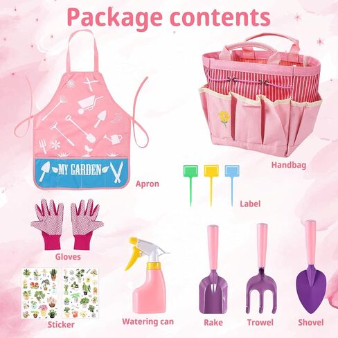 12pcs Gardening Tools Set, Kids Gardening Kit with Fork, Shovel, Rake, Bag, Bottle, Glove, Apron and Watering Can, Toddlers Garden Tools for Children Summer Beach Toys for Boys Girls (Pink) in Saudi Arabia