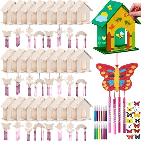Feifeiya 24 Sets DIY Birdhouse Wind Chime Kit Build and Paint Birdhouses Wooden Arts 24 Unfinished Wooden Bird House 24 Wind Chime 38 Butterfly Sticker 24 Watercolor Pen Arts for Activity(Classic) in Kuwait