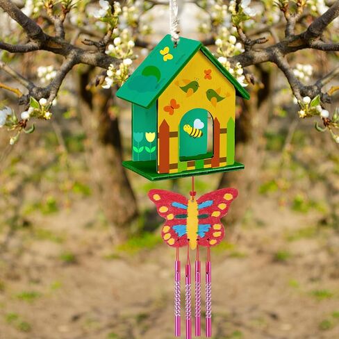 Feifeiya 24 Sets DIY Birdhouse Wind Chime Kit Build and Paint Birdhouses Wooden Arts 24 Unfinished Wooden Bird House 24 Wind Chime 38 Butterfly Sticker 24 Watercolor Pen Arts for Activity(Classic) in Kuwait
