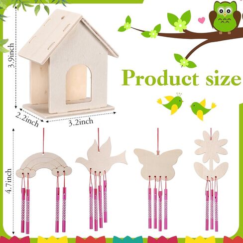Feifeiya 24 Sets DIY Birdhouse Wind Chime Kit Build and Paint Birdhouses Wooden Arts 24 Unfinished Wooden Bird House 24 Wind Chime 38 Butterfly Sticker 24 Watercolor Pen Arts for Activity(Classic) in Kuwait