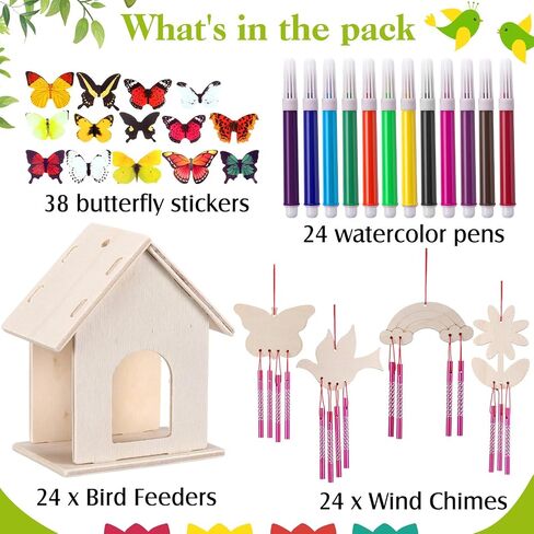 Feifeiya 24 Sets DIY Birdhouse Wind Chime Kit Build and Paint Birdhouses Wooden Arts 24 Unfinished Wooden Bird House 24 Wind Chime 38 Butterfly Sticker 24 Watercolor Pen Arts for Activity(Classic) in Kuwait