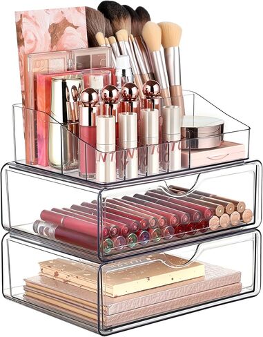 Vtopmart 5 Tier Clear Makeup Organizer with Drawer, Cosmetic Storage for Dresser Countertop and Bathroom Vanity, Beauty Holder for Lipstick Brush Skincare in Kuwait