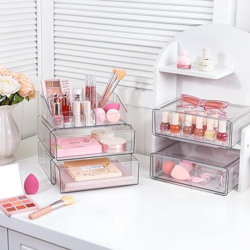 Vtopmart 5 Tier Clear Makeup Organizer with Drawer, Cosmetic Storage for Dresser Countertop and Bathroom Vanity, Beauty Holder for Lipstick Brush Skincare in Kuwait