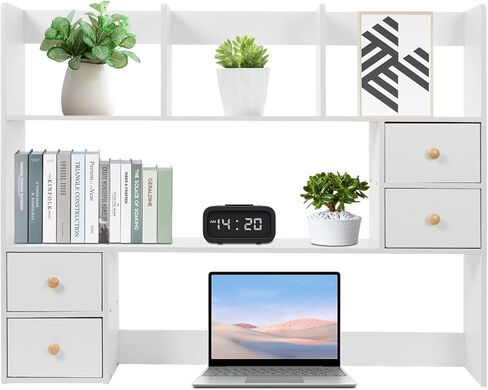 Desk Hutch, Desktop Hutch with 8 Shelves & 4 Drawers, Vanity Desk with Hutch Top Only, Extendable Small Desk Shelf for Top of Desk, Desktop Bookcase Bookshelf for Home Office in Saudi Arabia