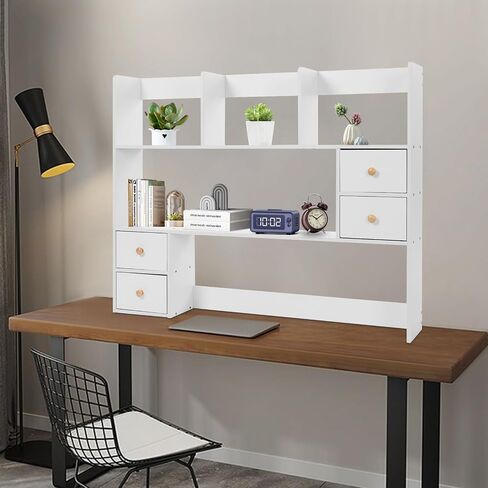 Desk Hutch, Desktop Hutch with 8 Shelves & 4 Drawers, Vanity Desk with Hutch Top Only, Extendable Small Desk Shelf for Top of Desk, Desktop Bookcase Bookshelf for Home Office in Saudi Arabia